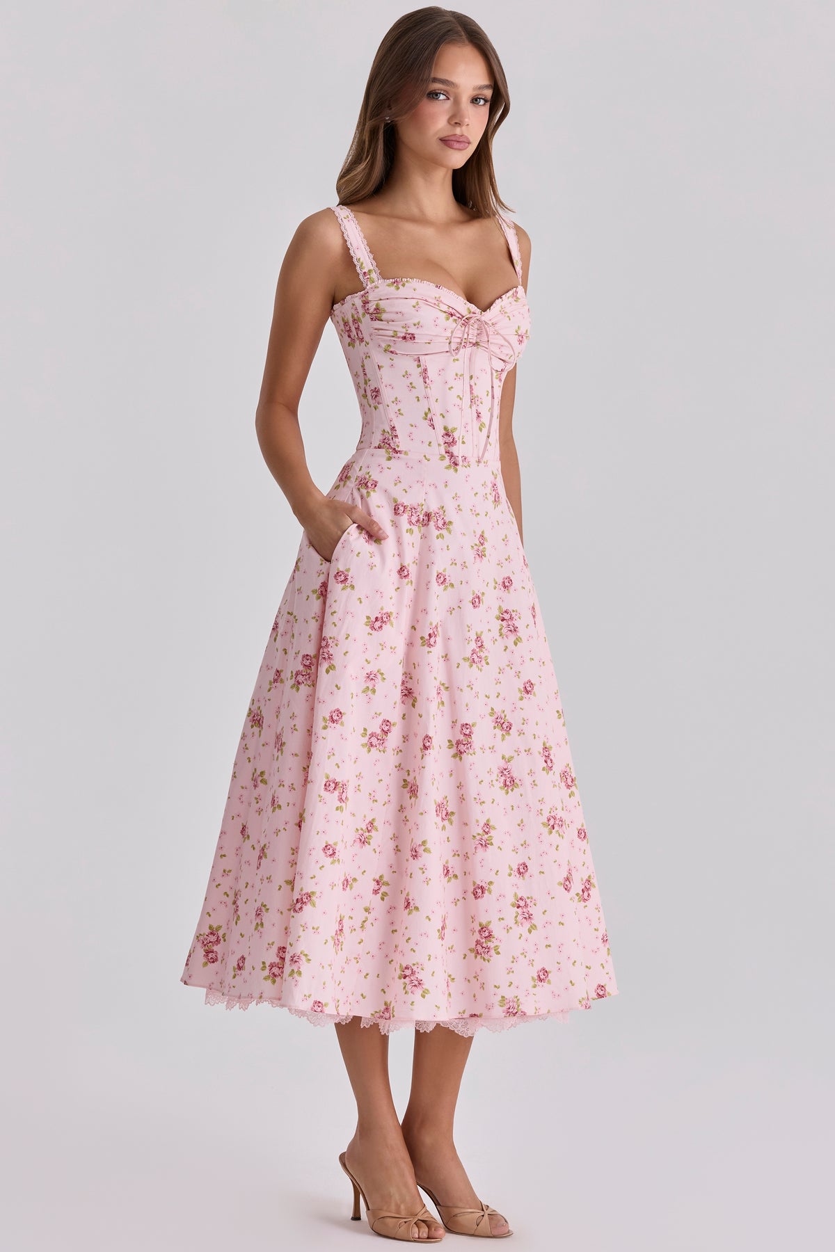 Vintage Rose Pink Floral Print Midi Dress
