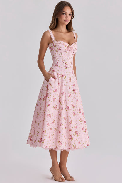 Vintage Rose Pink Floral Print Midi Dress