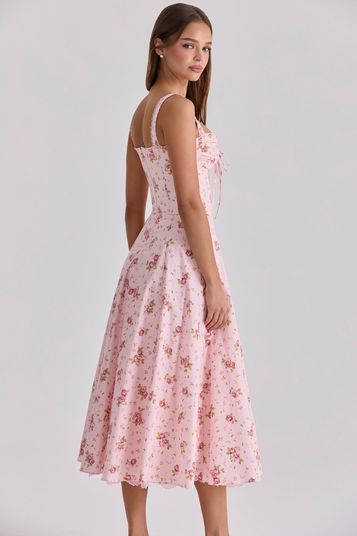 Vintage Rose Pink Floral Print Midi Dress