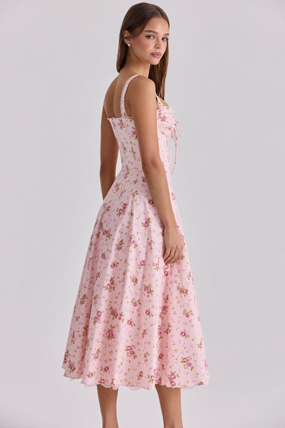 Vintage Rose Pink Floral Print Midi Dress